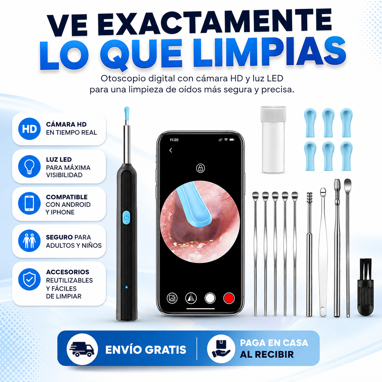 OtiVision™ Otoscopio Limpiador de Oidos Luz Camara Hd