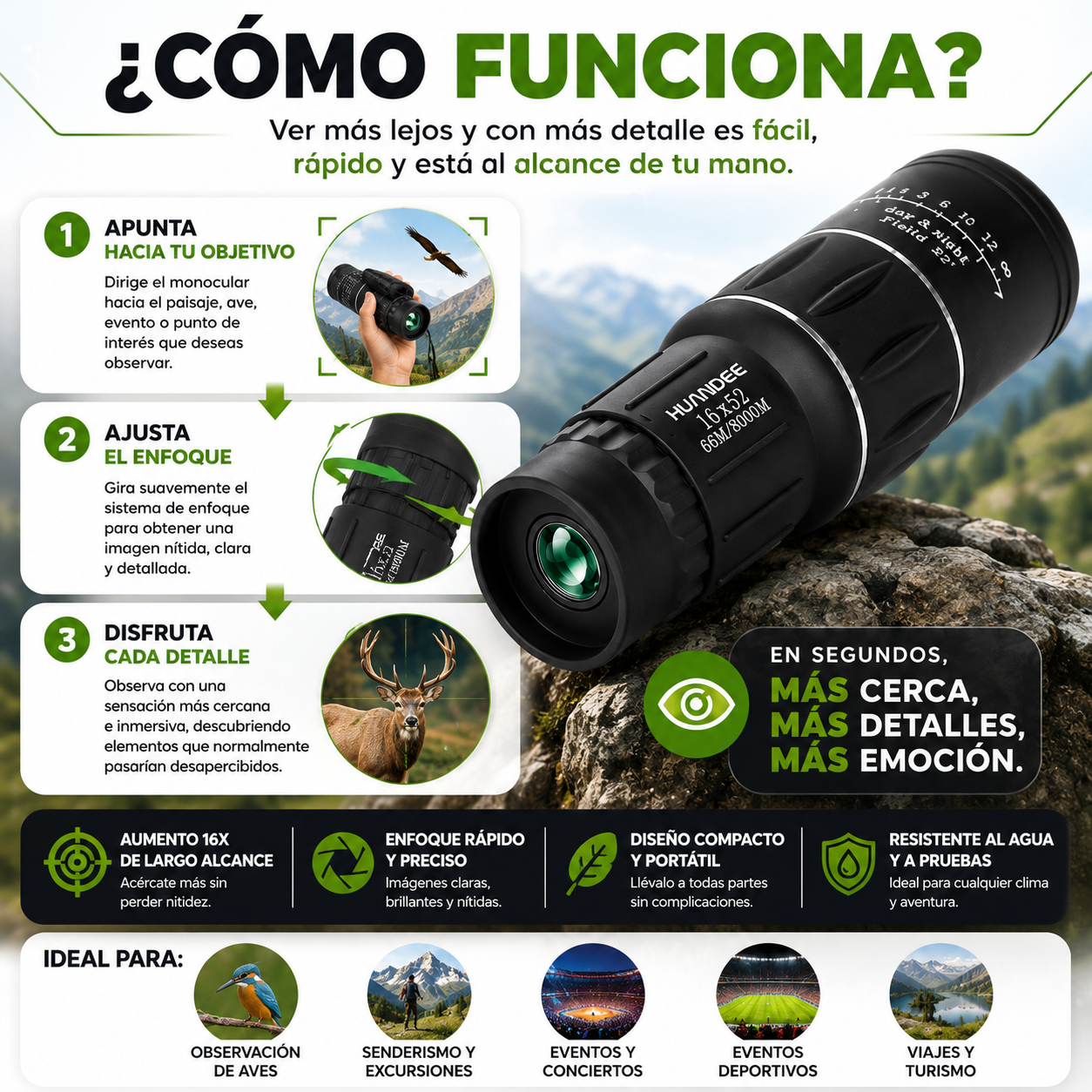 EagleZoom™ Telescopio Monocular Visión Óptica HD