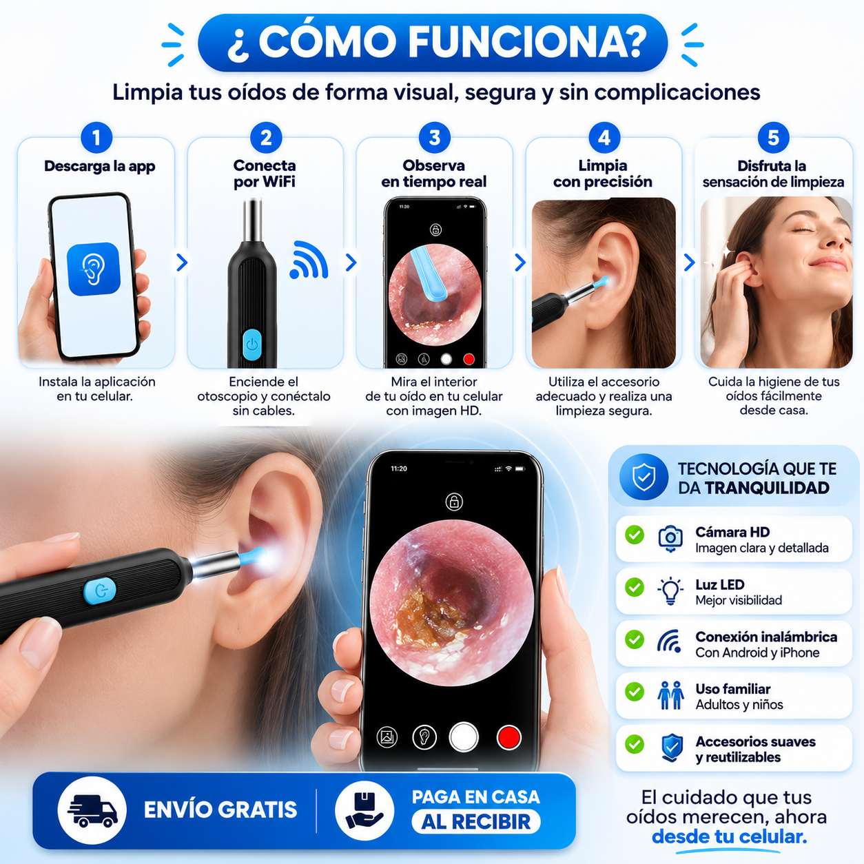 OtiVision™ Otoscopio Limpiador de Oidos Luz Camara Hd