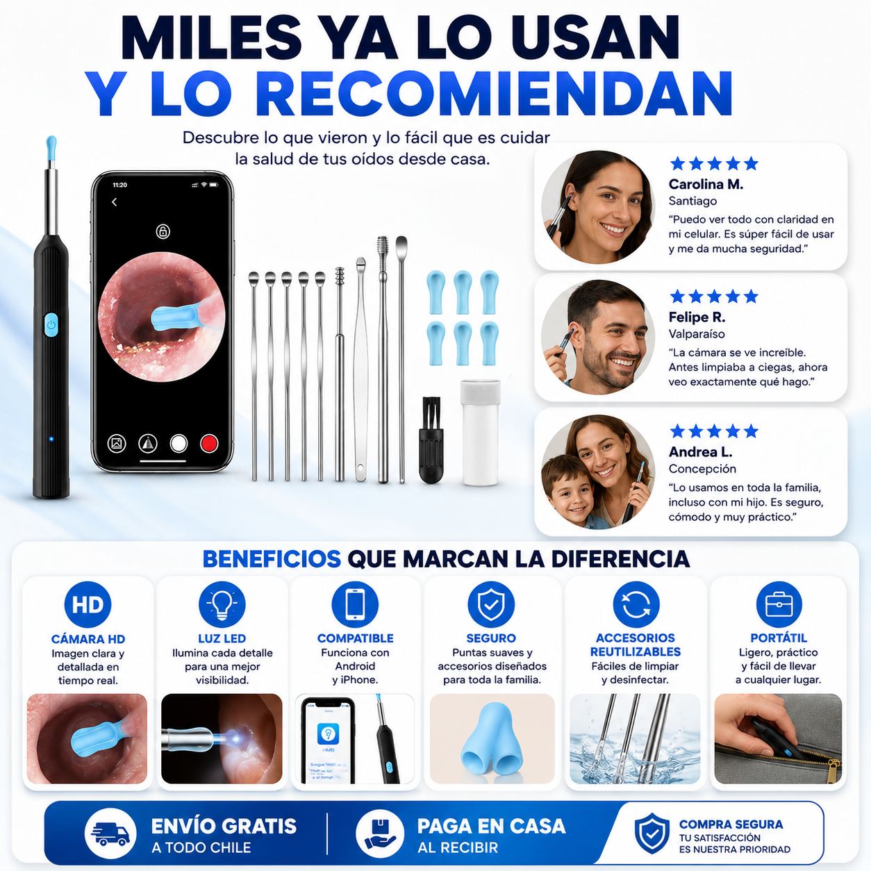 OtiVision™ Otoscopio Limpiador de Oidos Luz Camara Hd